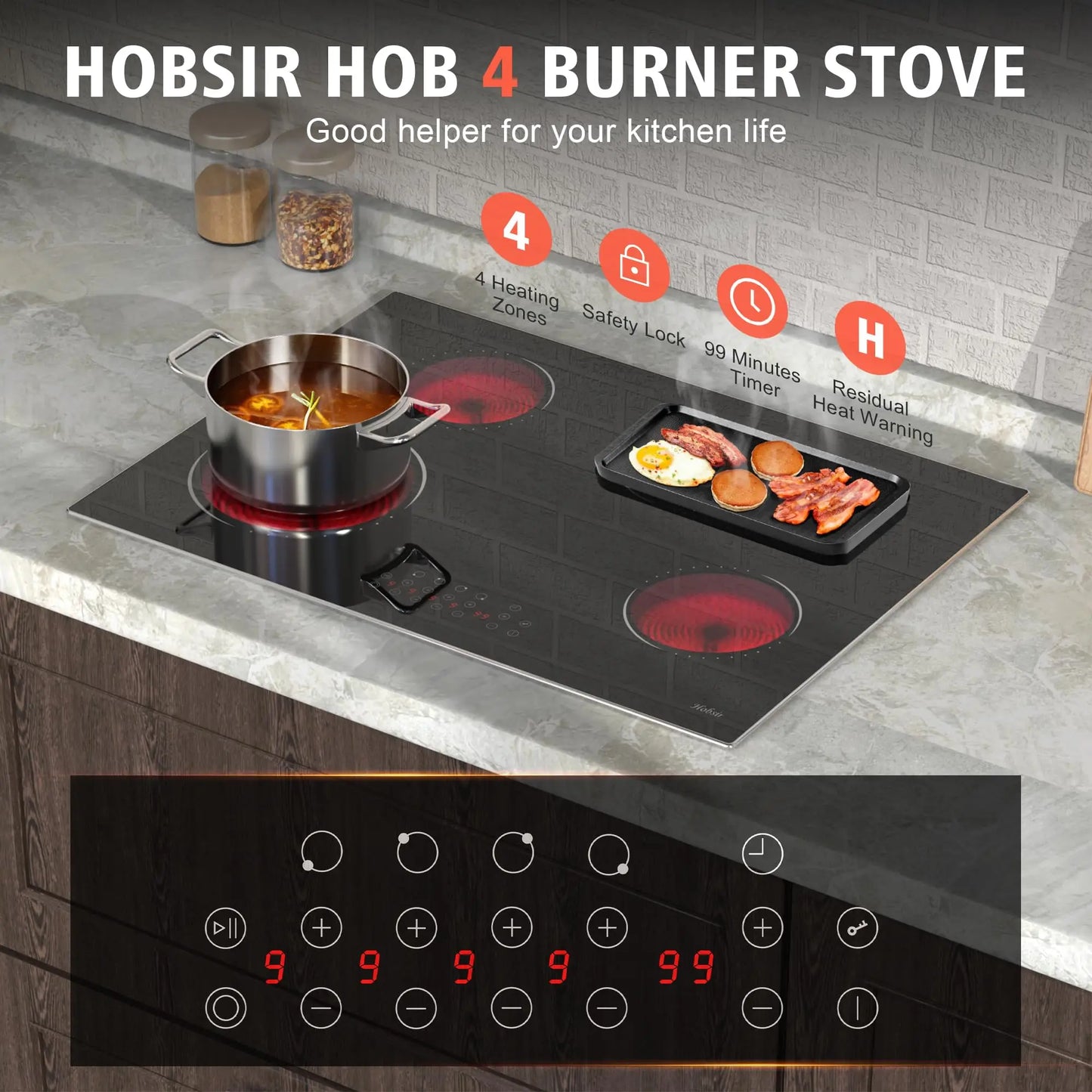 Hobsir hob 30 Inch 4 Burner Built-in Electric Cooktop,6800W,with Dual Oval Zone,Glass Protection Metal Frame,220V-240V Hard Wire