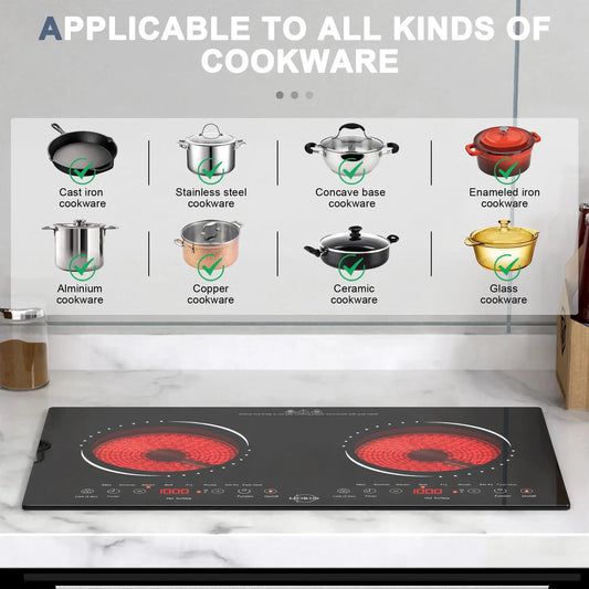 Hobsir hob 2 Burner 24 Inch Countertop and Built-in Electric Stove Top with Plug 110v,LED Touch Screen,Safety Lock,2000W,Timer