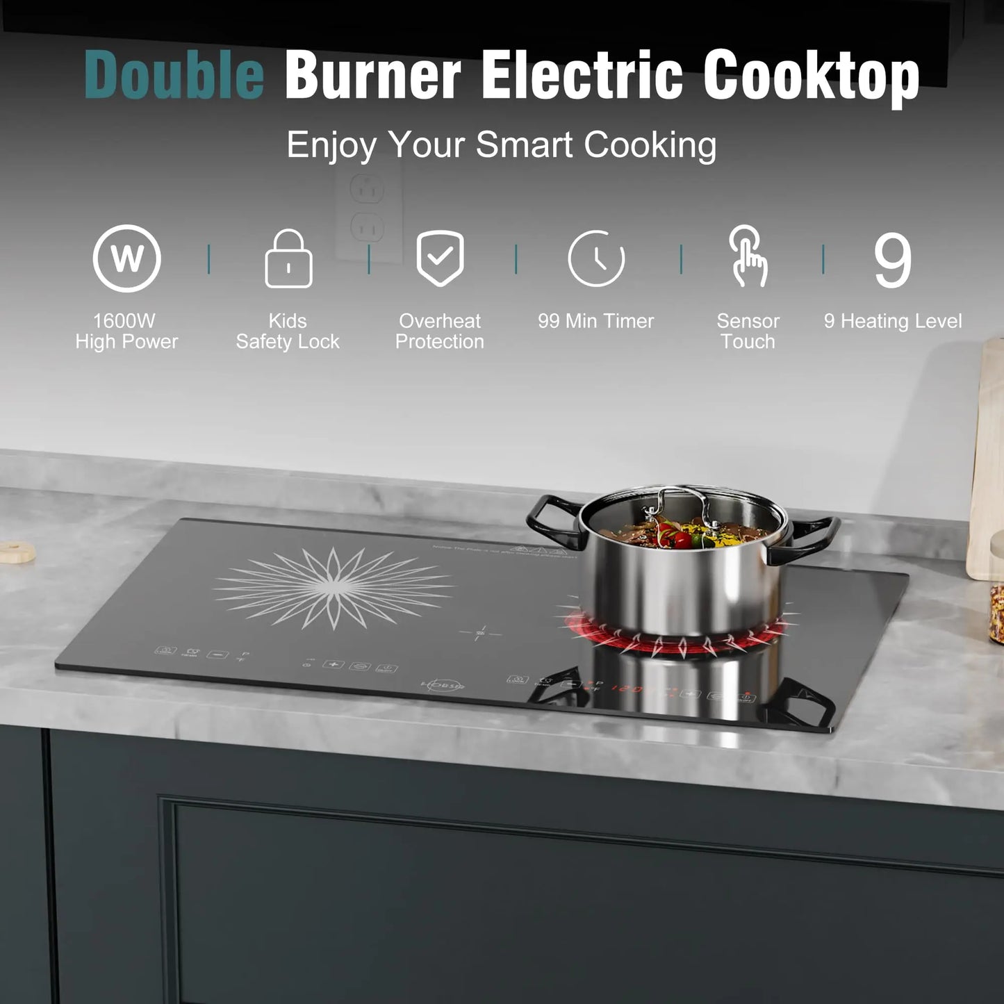 Hobsir Hob 2 Burner Built-in Electric Cooktop 24 Inch,110V-120V,Timer,Safety Lock for Apartment,with Plug