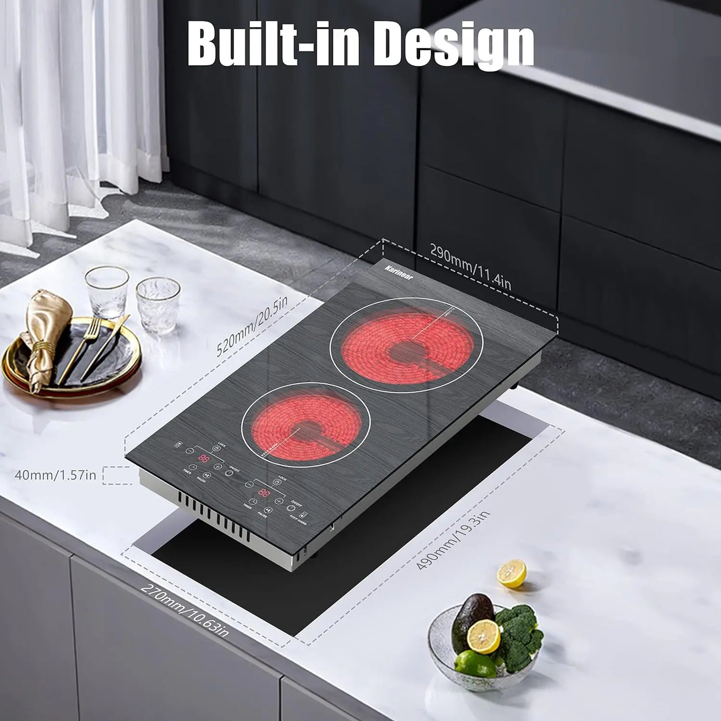Karinear Portable Electric Cooktop 2 Burners, 110v Plug in Electric Stove Top, Countertop Use or Built-in Install, 12'' Ceramic