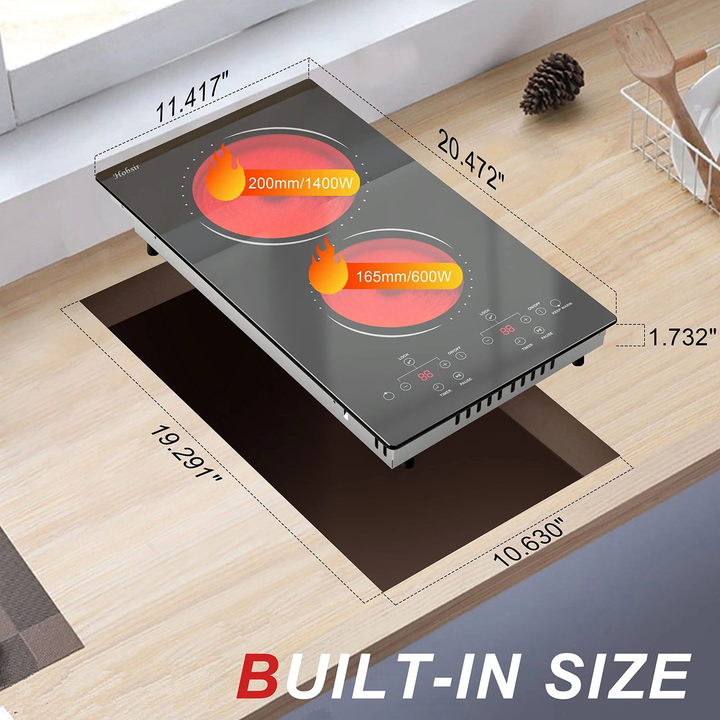 12 Inch 2 Burner Built-in Radiant Electric Stove,110v-120v Plug In,2000W,with Safety Lock, Timer, Over-Temperature Protection