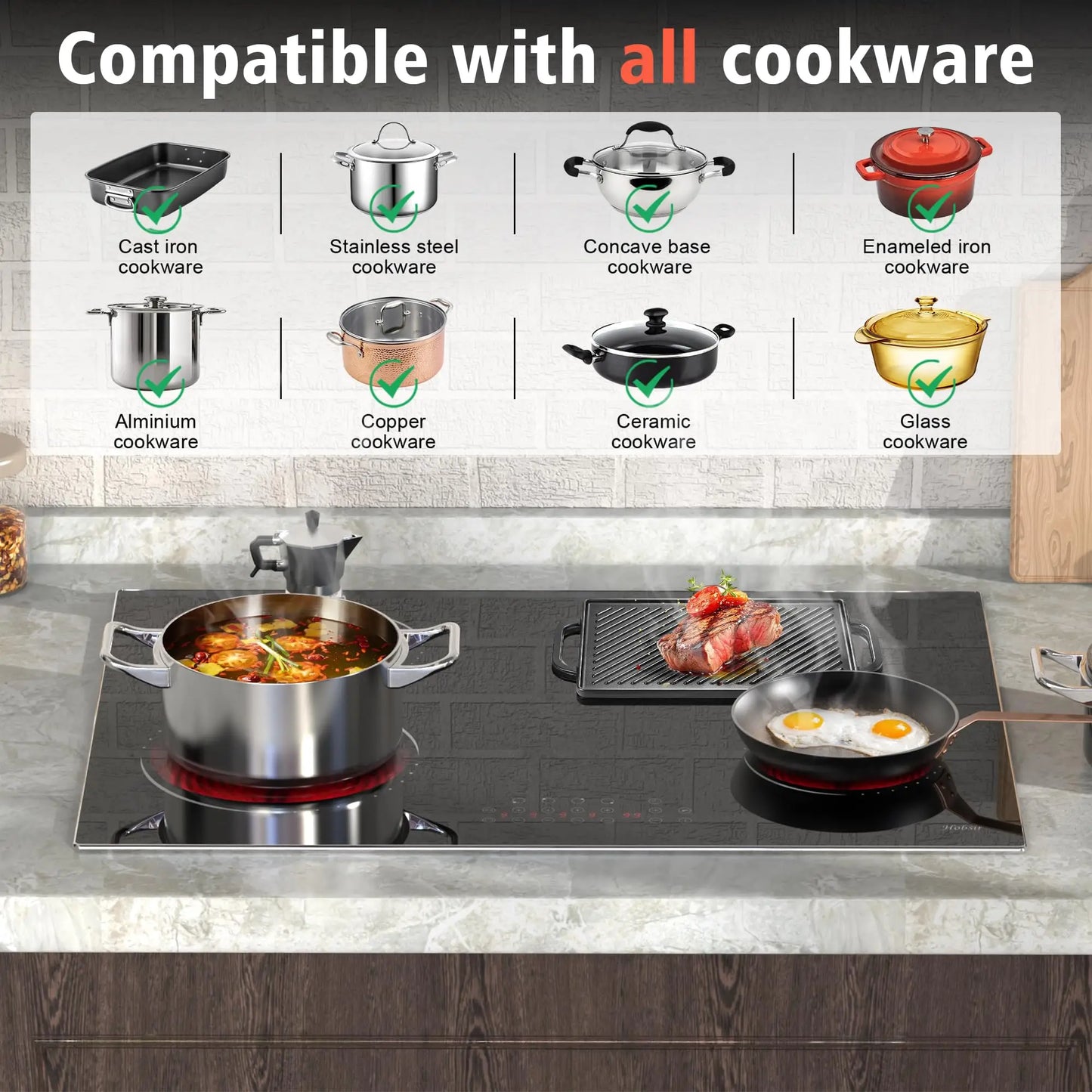 Hobsir hob 30 Inch 4 Burner Built-in Electric Cooktop,6800W,with Dual Oval Zone,Glass Protection Metal Frame,220V-240V Hard Wire