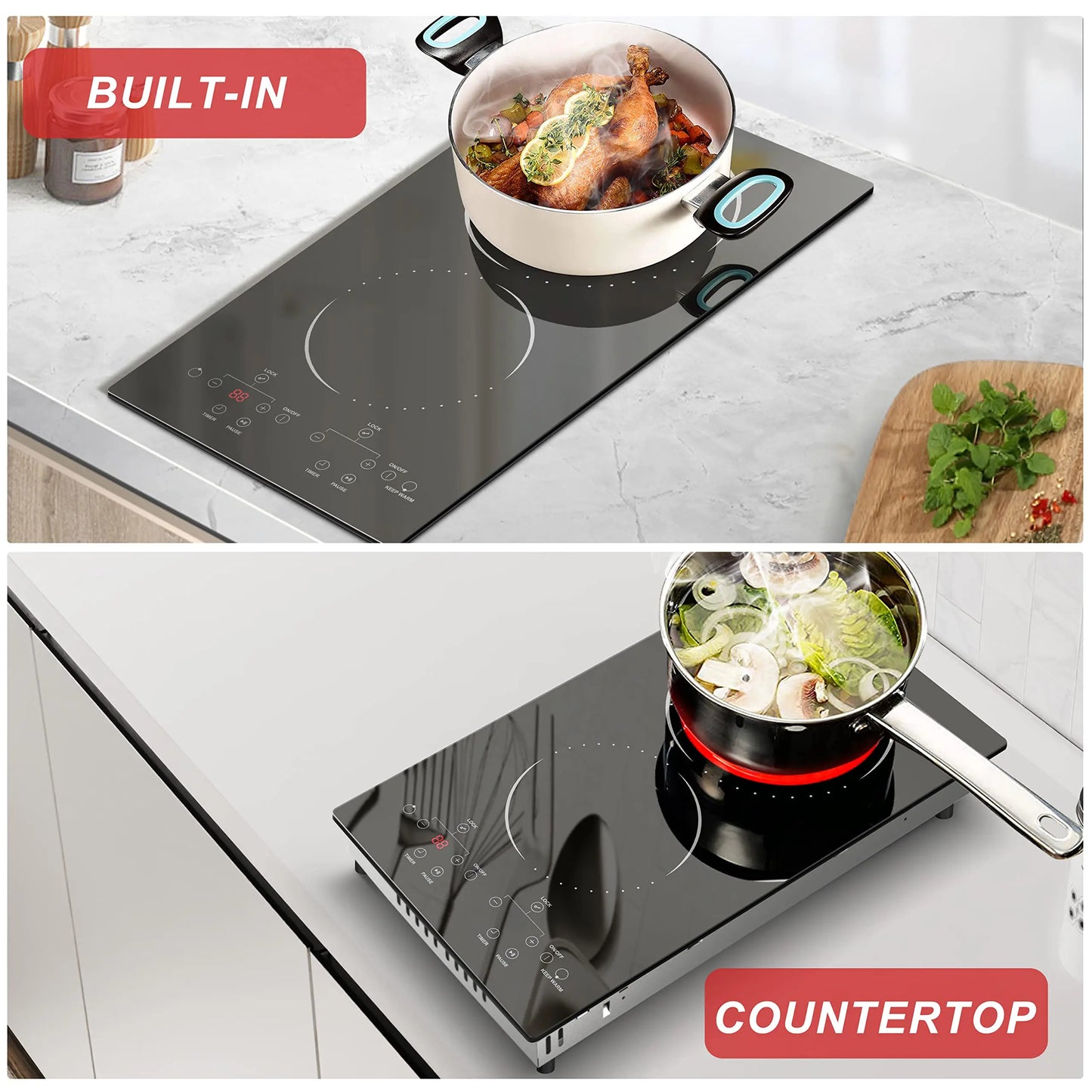 12 Inch 2 Burner Built-in Radiant Electric Stove,110v-120v Plug In,2000W,with Safety Lock, Timer, Over-Temperature Protection