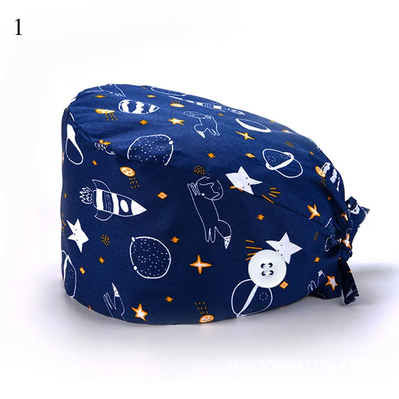 Floral Soft Hat Printing Nurse Sweat-absorbent Head Wrap Towel Surgical Anti-Dirty Pure Cotton Cap With Button Scrub Cap