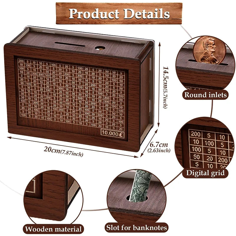 Wooden Money Saving Box Reusable Piggy Bank Money Container for 1000/2000/3000/5000/10000 Euro Cash Coin Case