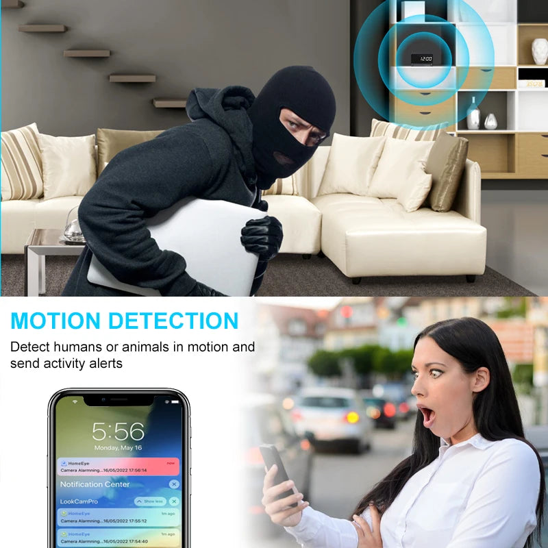 Alarm Clock Cam Full HD 1080P WiFi Wireless Remote Camera Night Vision Motion Detection Alert Surveillance Home Office Security