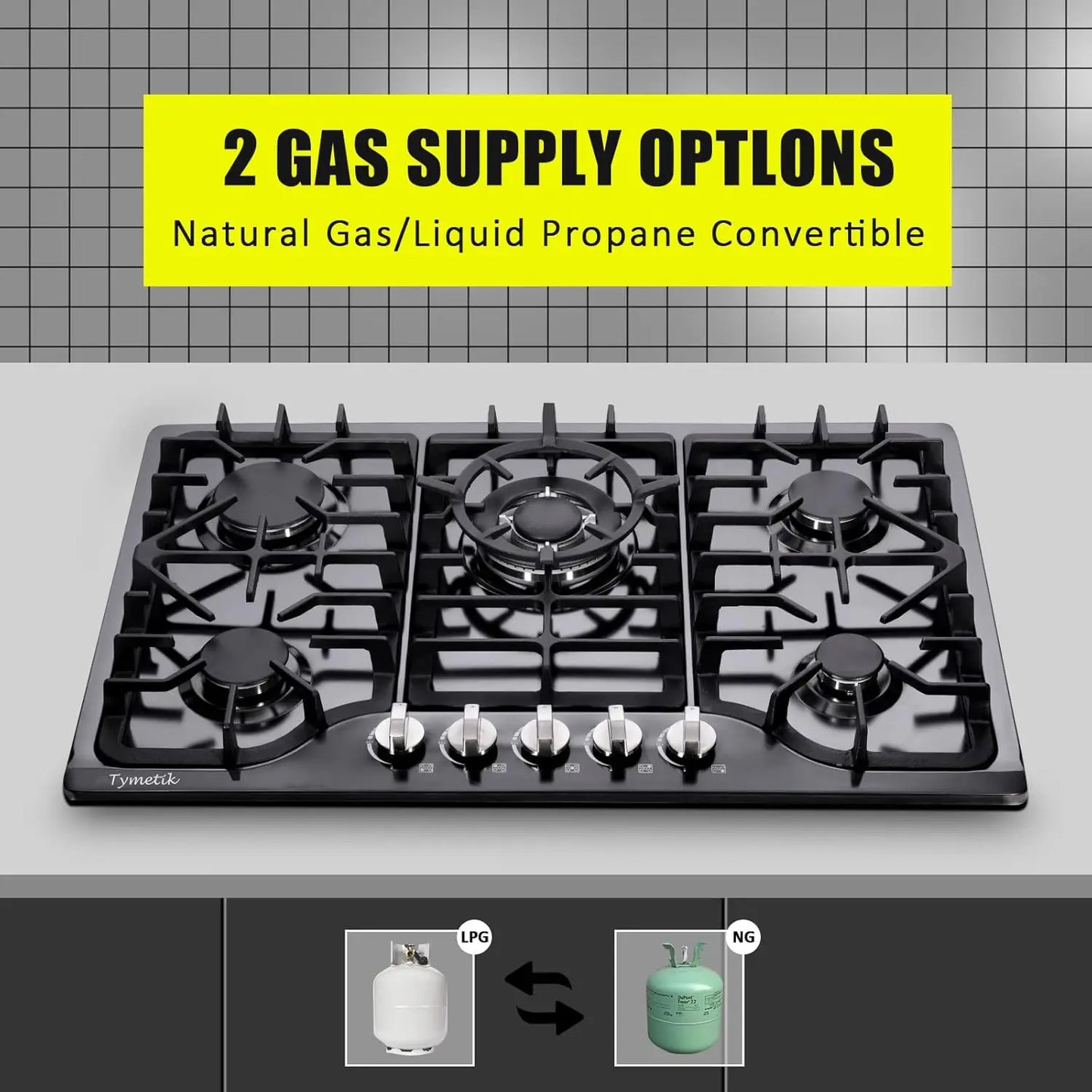 30 Inch Gas Cooktop Built-in Stainless Steel Gas Stovetop 5 High Efficiency Burners Gas Stove LPG/NG Convertible Hob (Black)