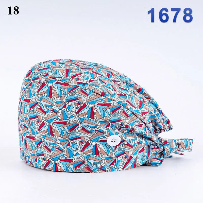 Floral Soft Hat Printing Nurse Sweat-absorbent Head Wrap Towel Surgical Anti-Dirty Pure Cotton Cap With Button Scrub Cap
