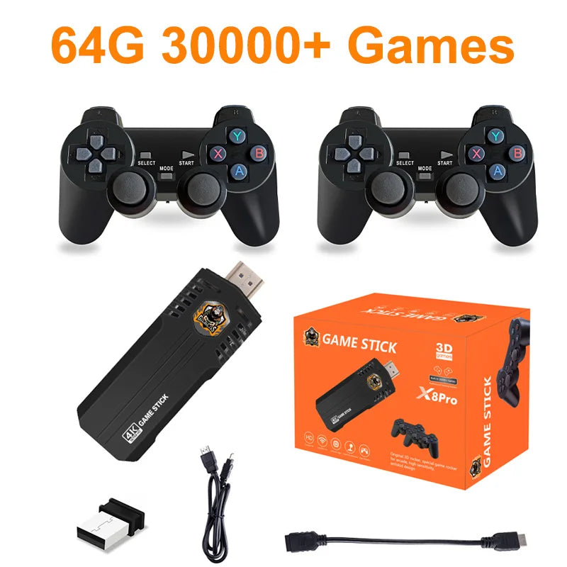 X8 Pro Retro Video Game Console 64G 30000+ Games Emuelec 4.5 Wireless Gamepad 40+ Emulator Game Stick 4K for N64/PSP/SNES