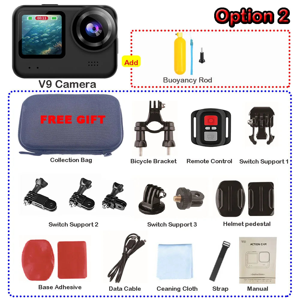 4K60FPS 20MP Action Camera 5M Body Waterproof EIS DVR 170D Sports Video Recording Dual Display 2" Touch Screen 1080P Webcam