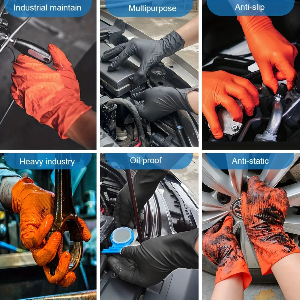 Pack 20/50pcs 8 Mil Nitrile Gloves-Heavy Duty Mechanic Gloves, With Grip - Powder And Latex Free Disposable Gloves Black Orange