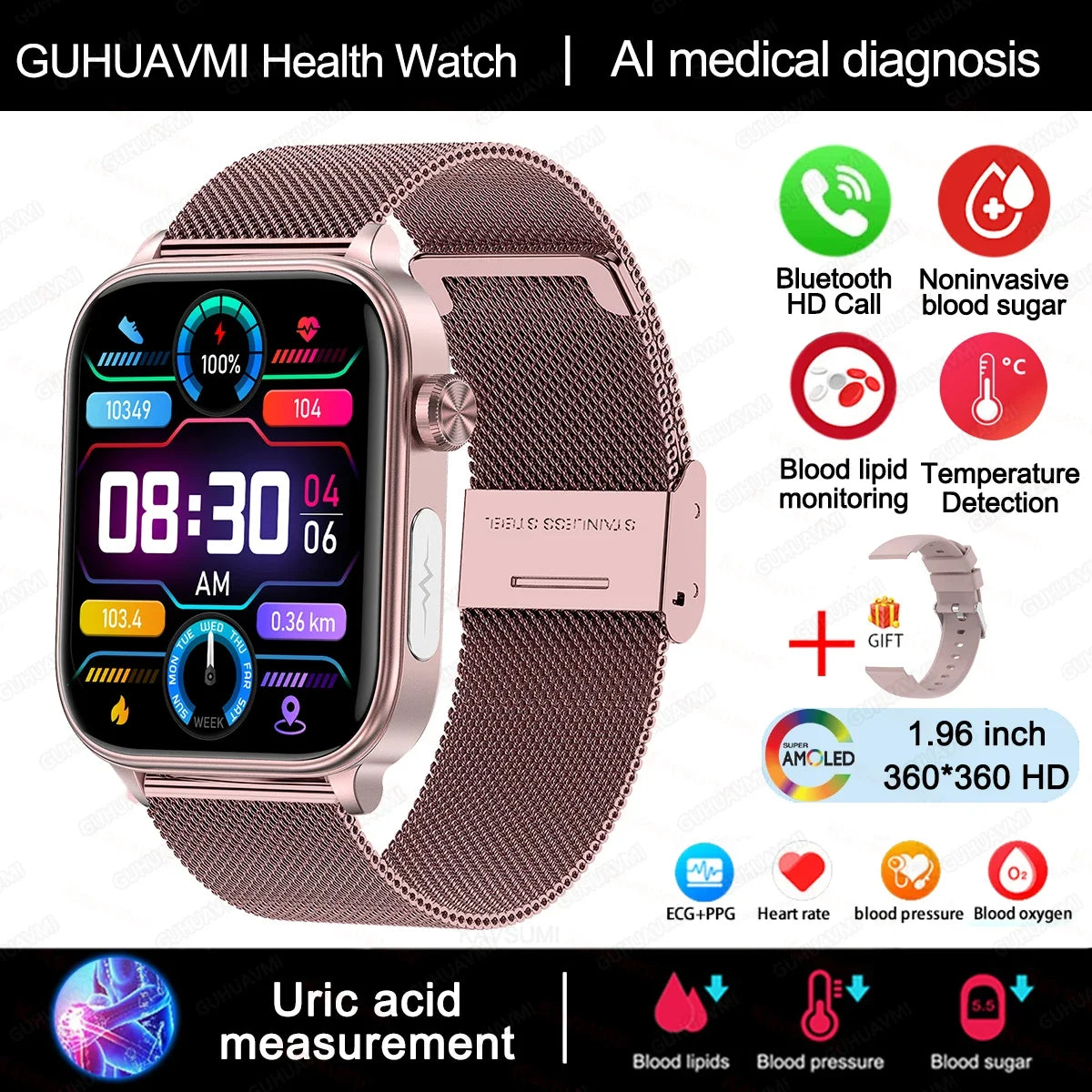2024 New ECG+PPG Uric Acid Non-Invasive Blood Glucose Smartwatch Men Bluetooth Call Heart Rate Blood Pressure Smart Watch Women