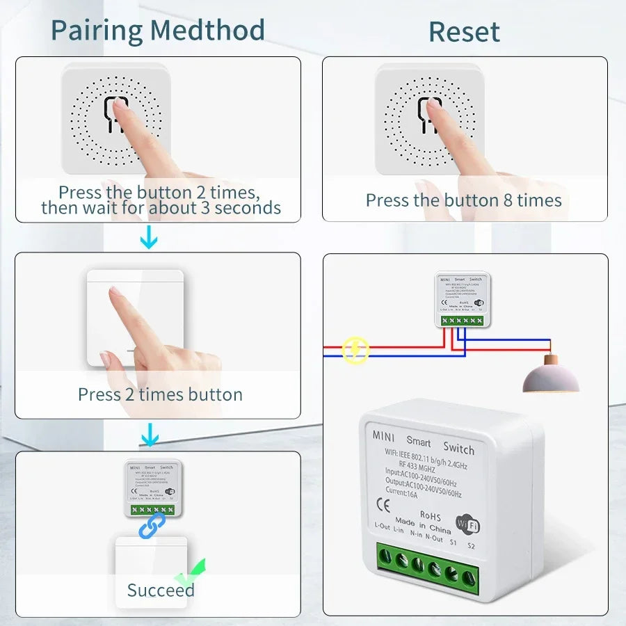 16A Tuya WiFi Smart Switch Wireless RF 433MHz Mini Relay Receiver 1/2/3 Gang Wall Panel Switch Alexa Google Home Voice Control
