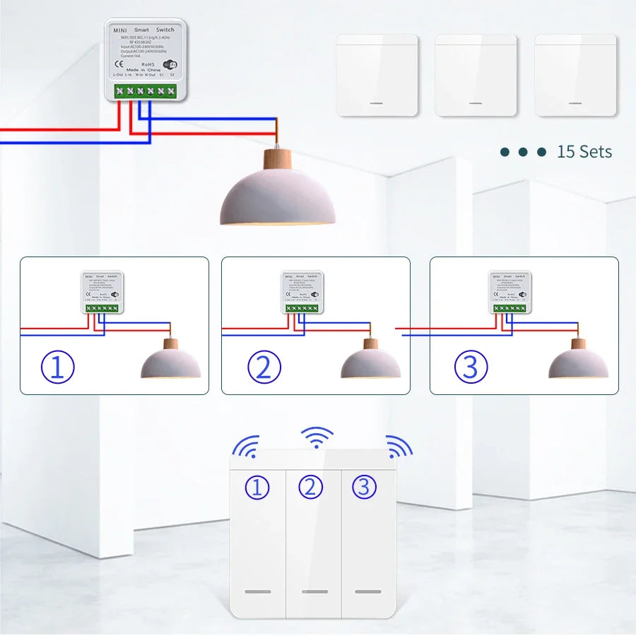 16A Tuya WiFi Smart Switch Wireless RF 433MHz Mini Relay Receiver 1/2/3 Gang Wall Panel Switch Alexa Google Home Voice Control