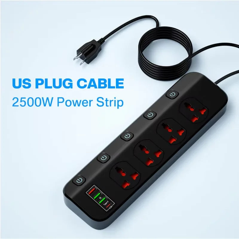 Network Filter Power Strip 2500W With 4 Universal Socket Multiple USB and 5 Swich,EU US UK Plug Socket Extension Cable For Home