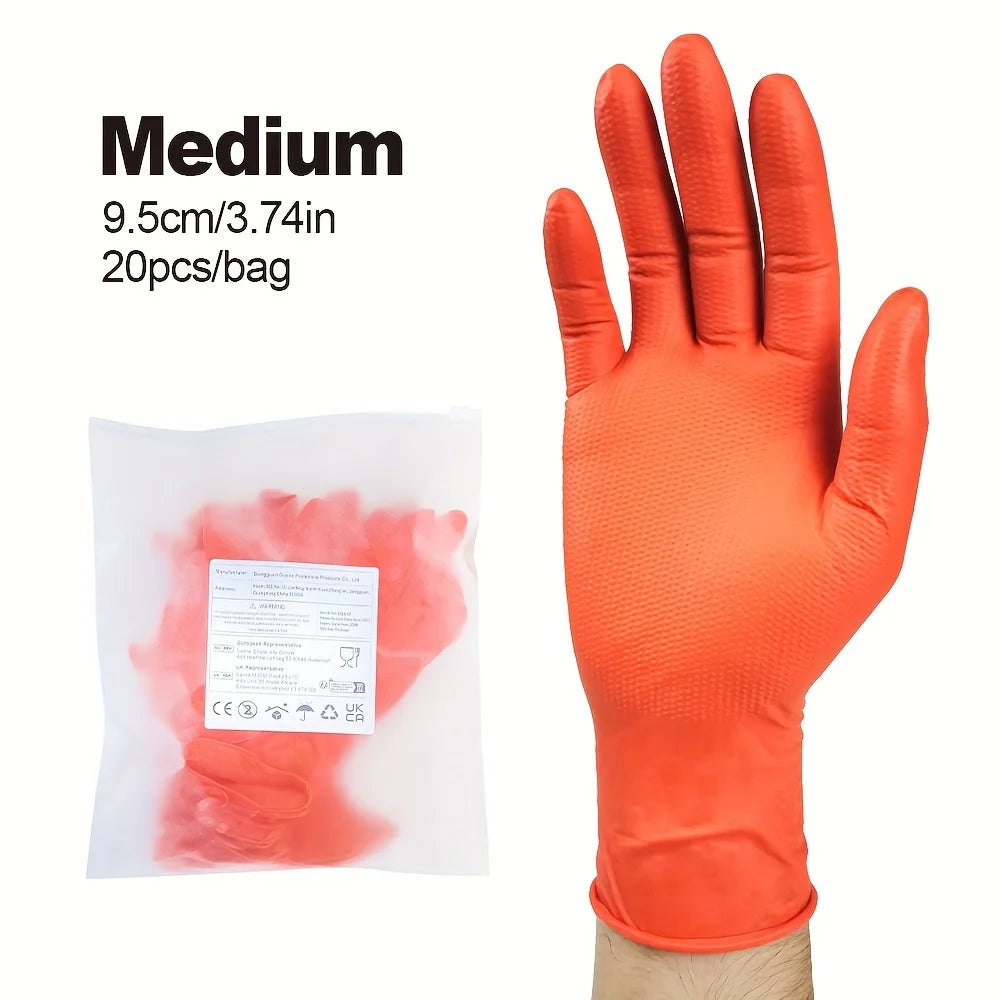 Pack 20/50pcs 8 Mil Nitrile Gloves-Heavy Duty Mechanic Gloves, With Grip - Powder And Latex Free Disposable Gloves Black Orange