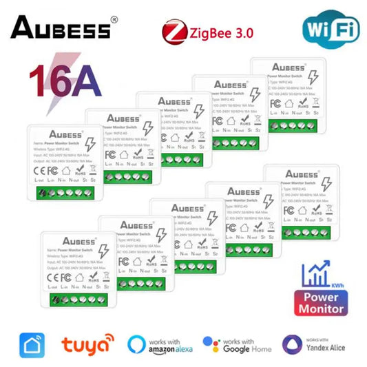 Tuya Smart Zigbee/WiFi Switch With Energy Monitor 16A 2-way Control Mini Breaker Smart Life Control For Alexa Google Home