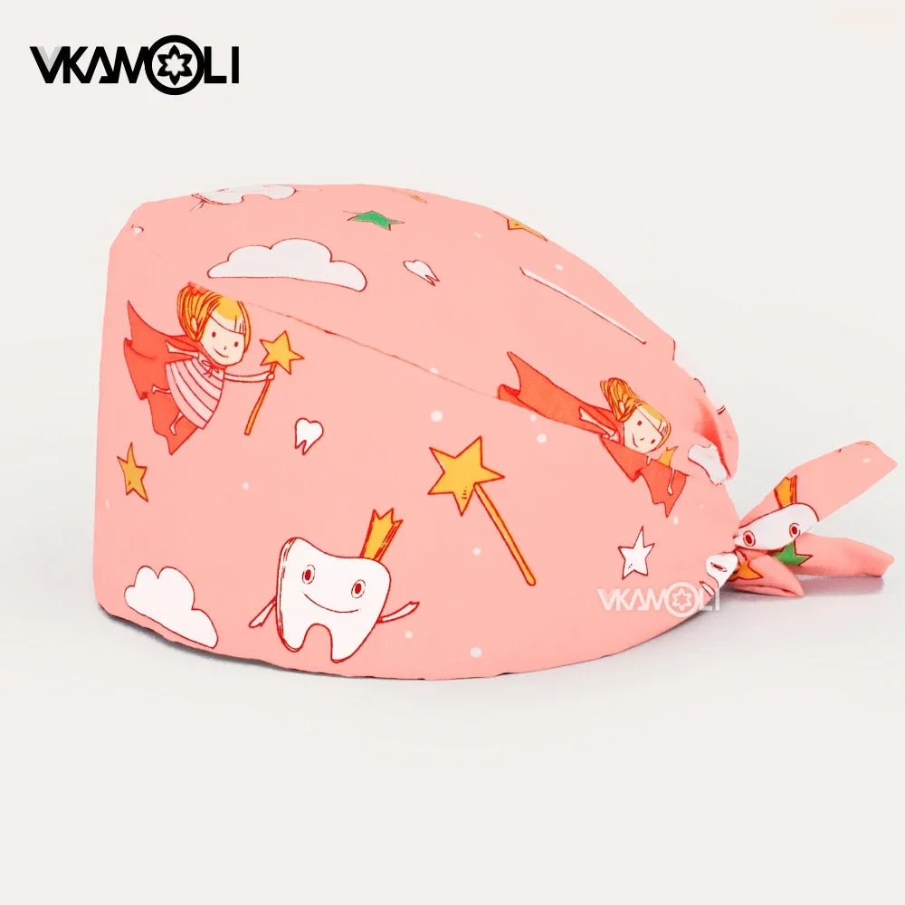 vkamoli Red series women Soft Hat Printing Nurse Sweat-absorbent Head Wrap Towel Surgical Anti-Dirty Pure Cotton Cap Scrub Cap