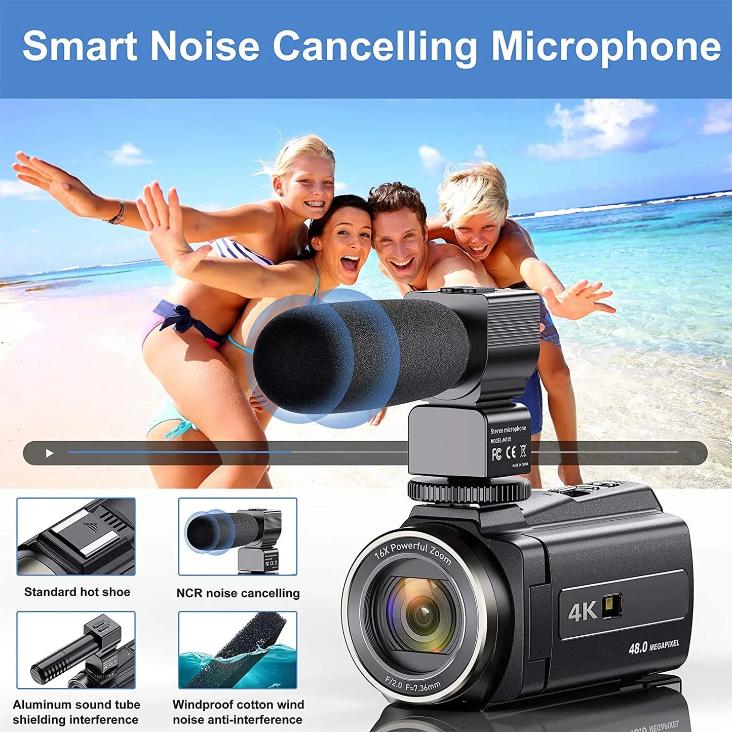 4K Video Camera Camcorder With Microphone 48MP Vlogging 16X Zoom 3.0" Touch Screen IR Night Vision Wi-Fi Vlog Cameras Web