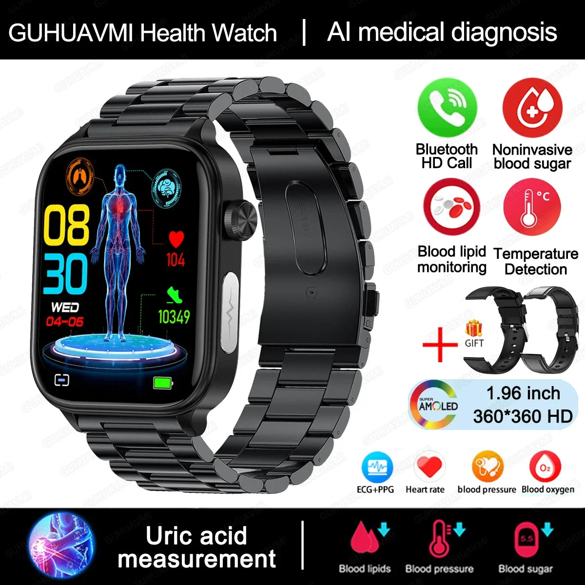 2024 New ECG+PPG Uric Acid Non-Invasive Blood Glucose Smartwatch Men Bluetooth Call Heart Rate Blood Pressure Smart Watch Women
