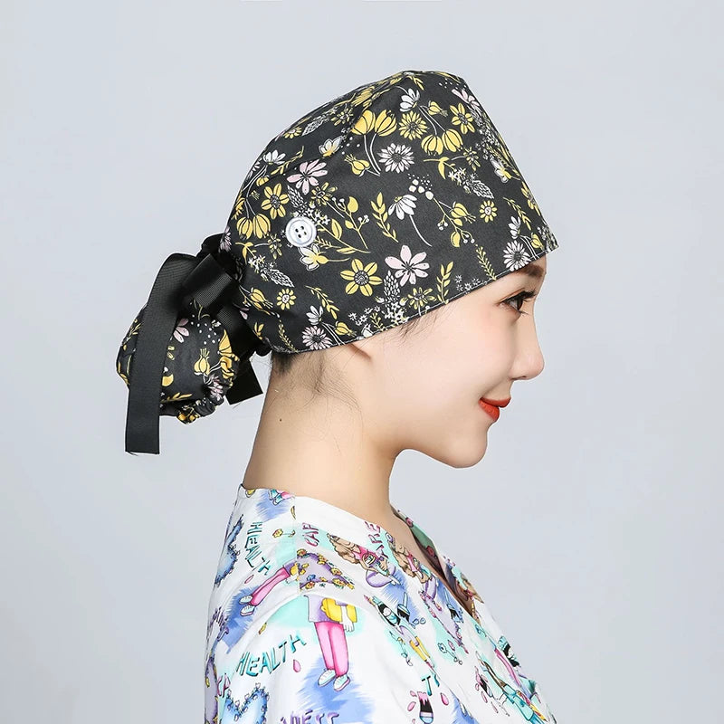 Printed Surgical Cap Scrub Cotton With Button Doctor Wrap Long Hair Adjustable Lace-up Women Beauty Care Hospital Accessories