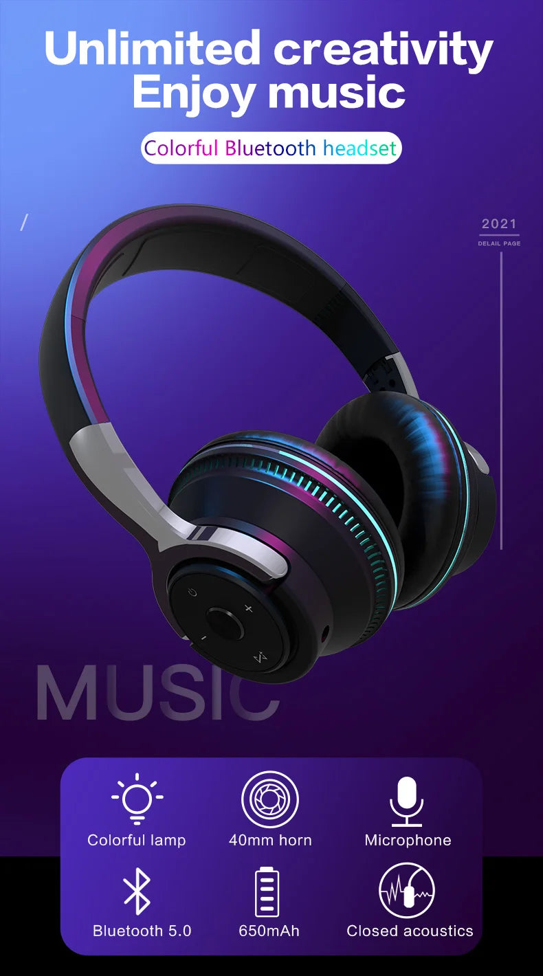 #Bluetooth Headphones Head-mounted Noise Reduction Wireless Headset for Phones PC Gaming Headsets Heavy Bass Colorful LED Lights