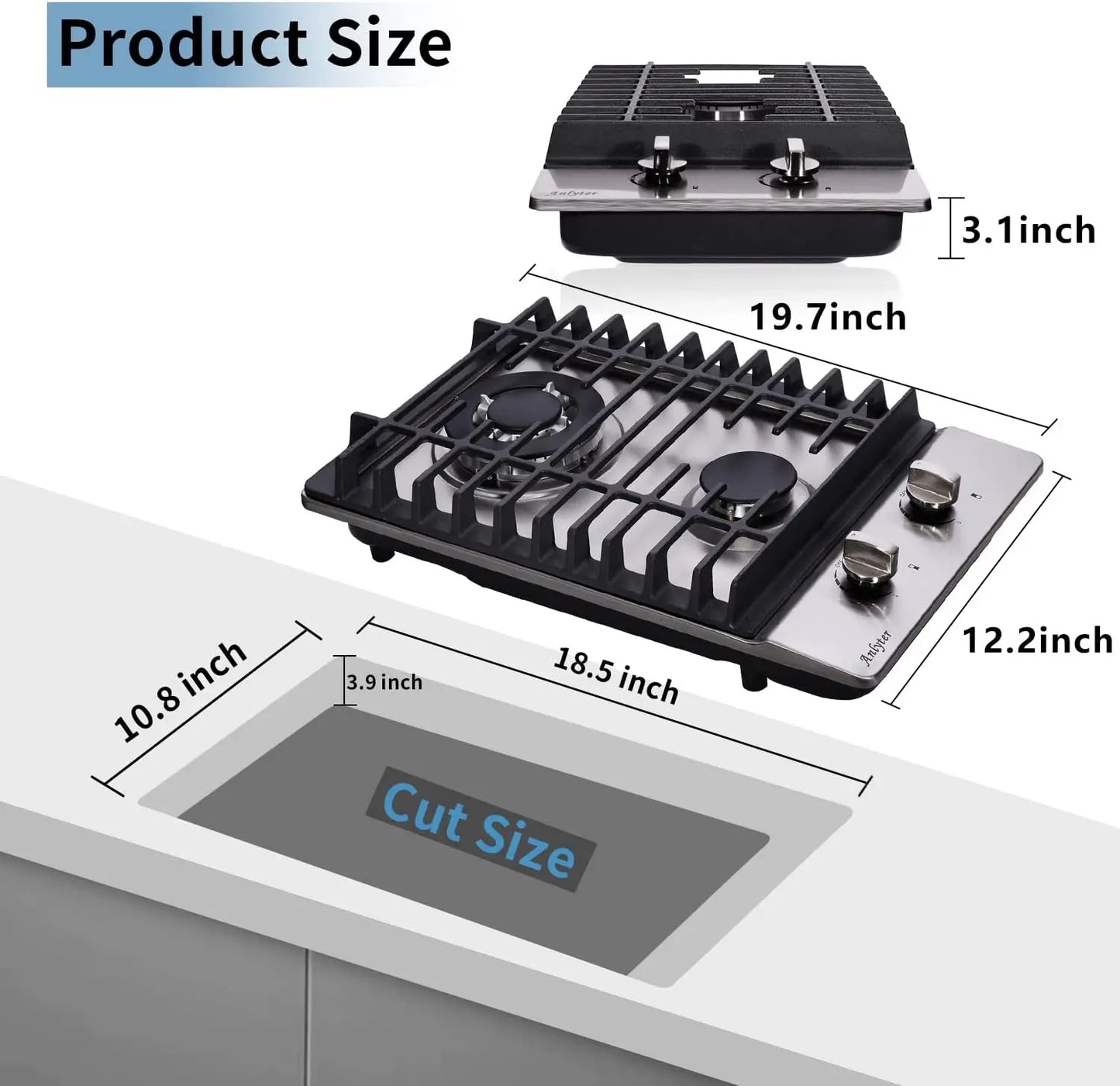 12 Inch Gas Cooktop, 2 Burners Built-in Gas Stovetop Stainless Steel Gas Stove Top LPG/NG Convertible Dual Fuel Sealed Hob