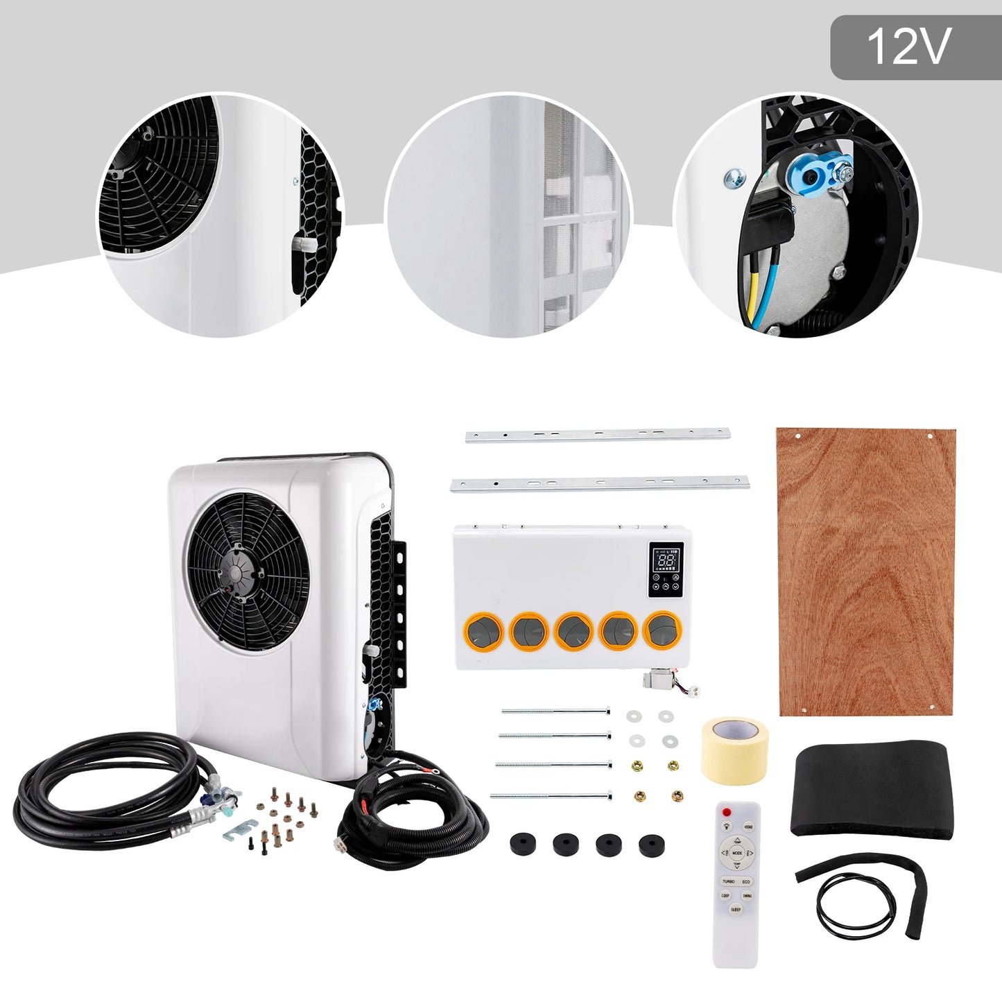 12V 960W Outside and Inside Truck Cab Air Conditioner Split White Air Conditioner Kit and Remote Control for Cab Within 6㎡