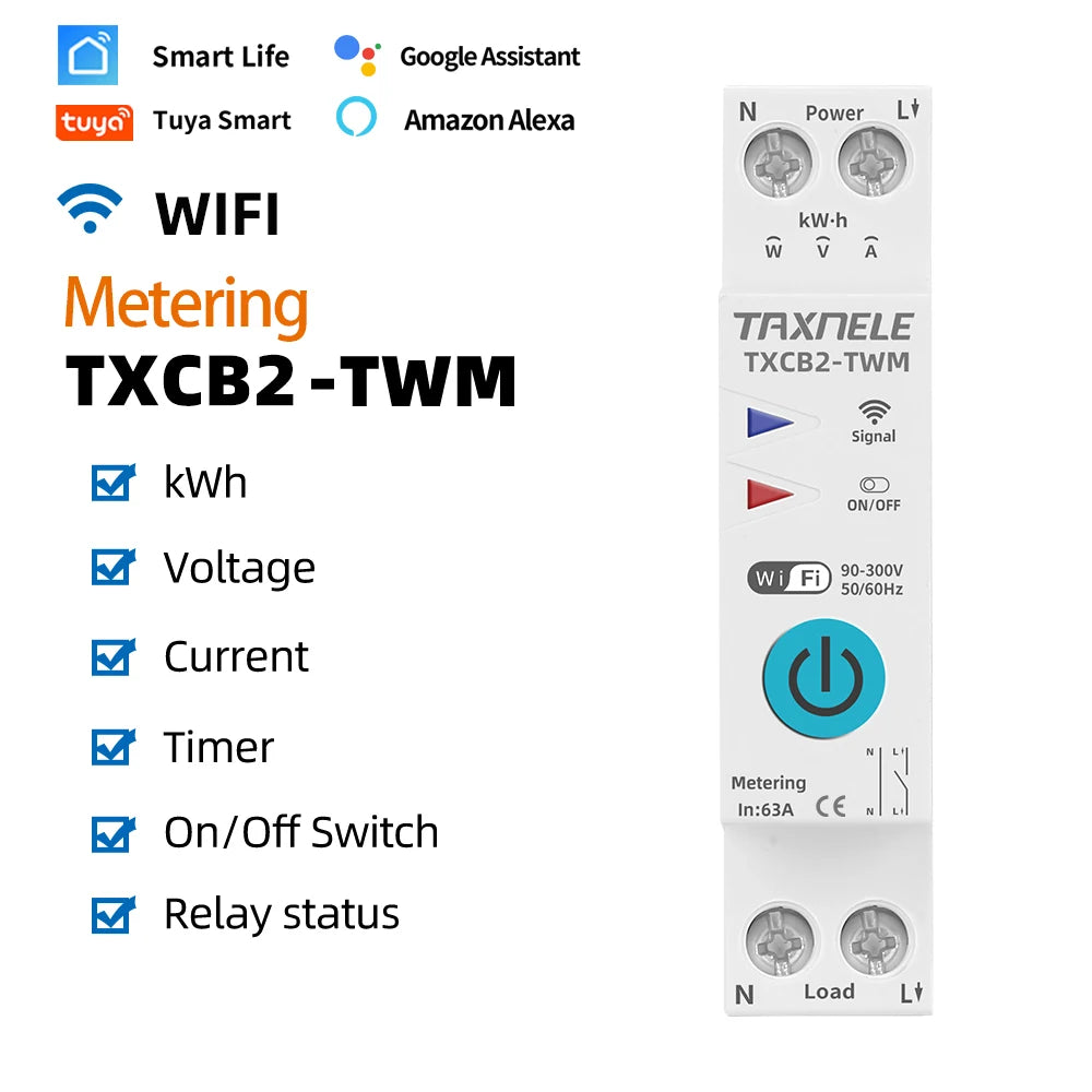 TUYA WIFI Smart Circuit Breaker Power Metering Energy Meter KWh 1P 63A Smart Life Remote Switch Timer Voltage Current Protect