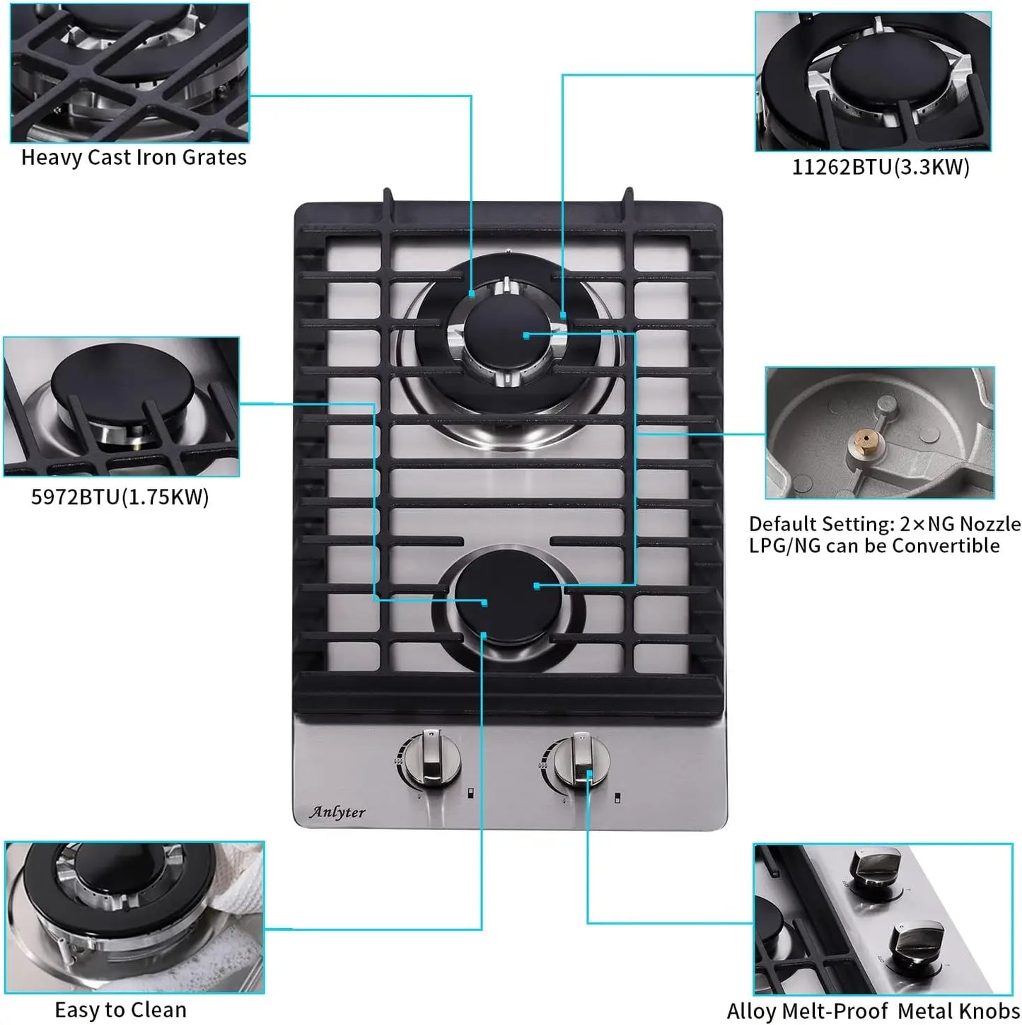 12 Inch Gas Cooktop, 2 Burners Built-in Gas Stovetop Stainless Steel Gas Stove Top LPG/NG Convertible Dual Fuel Sealed Hob