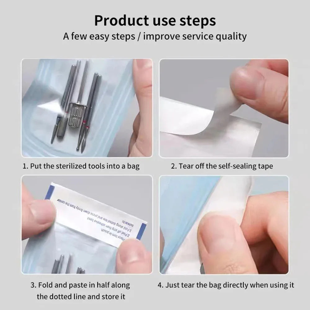 100PCS Self-Sealing Sterilization Pouches Bags 7 Size Disposable Nail Art Disinfection Bag Tattoo Nail Dental Tool Storage Bag