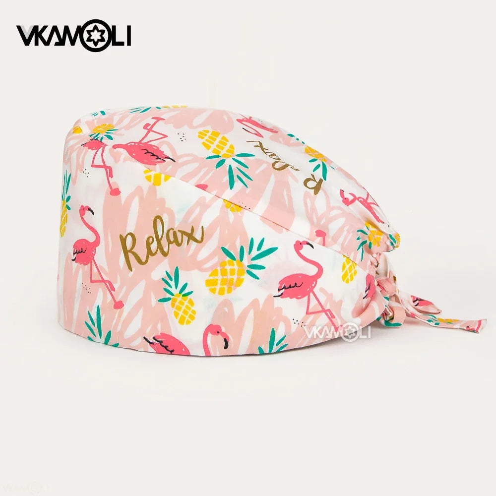 vkamoli Red series women Soft Hat Printing Nurse Sweat-absorbent Head Wrap Towel Surgical Anti-Dirty Pure Cotton Cap Scrub Cap