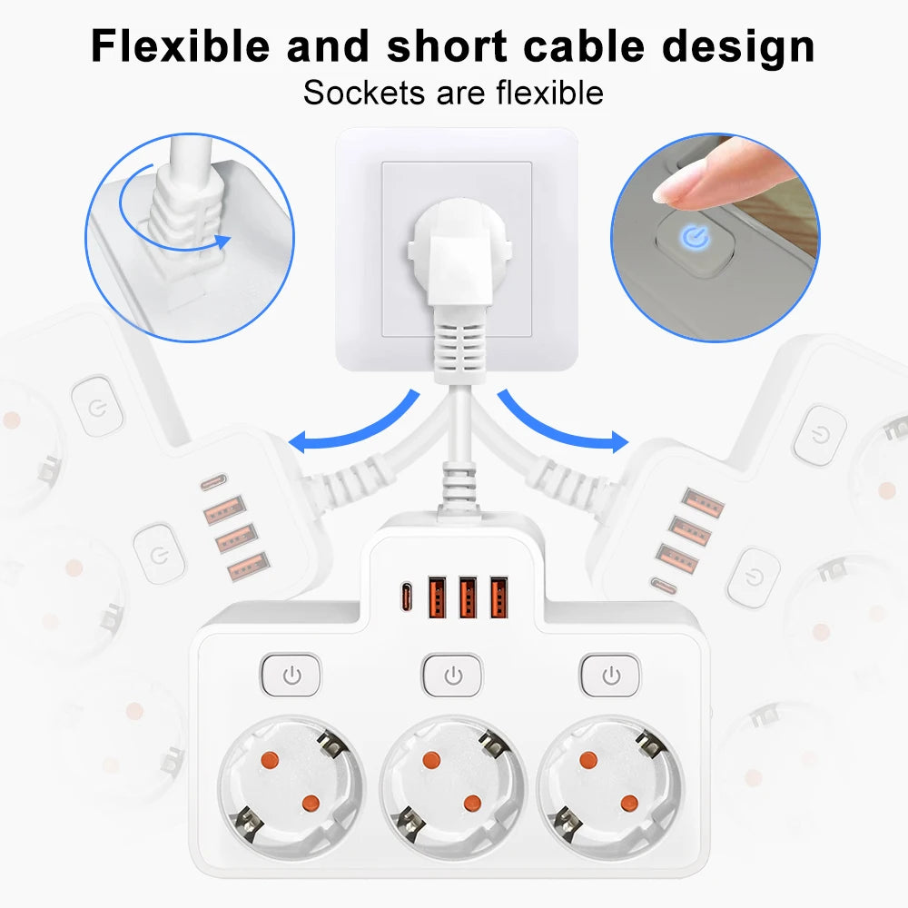 EU AC Plug Power Strip Wall Mounted Independent Switch Multitap Network Filter With USB C Charging Network Filter Adapt