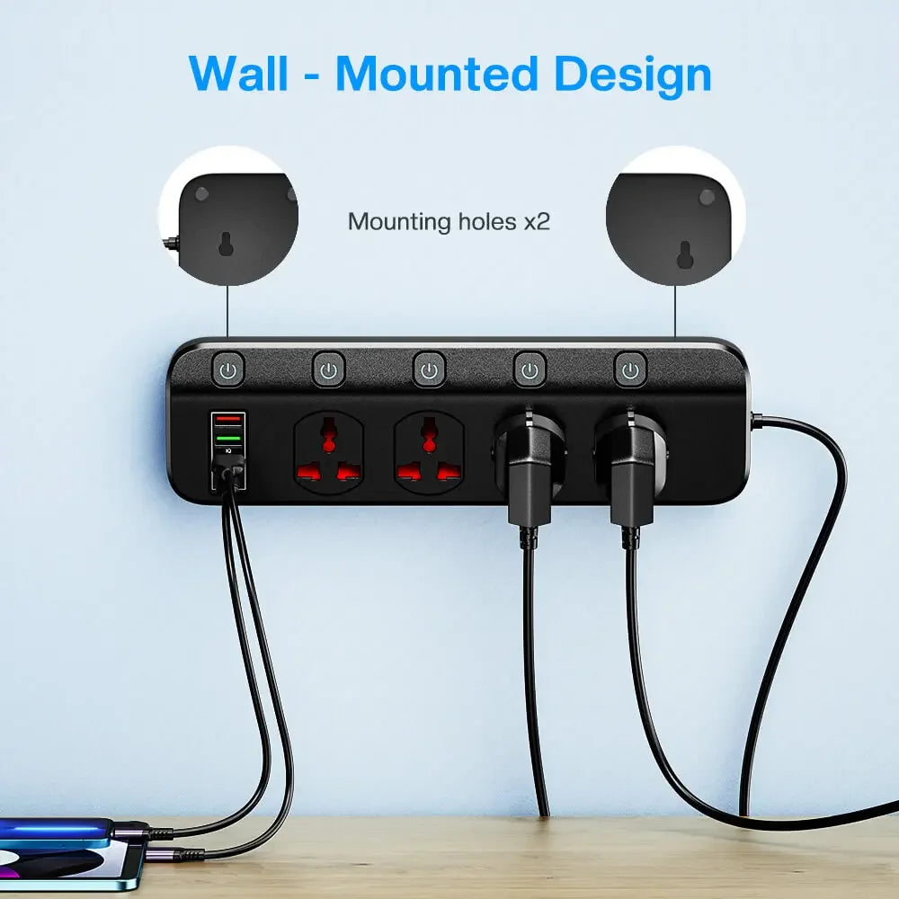Network Filter Power Strip 2500W With 4 Universal Socket Multiple USB and 5 Swich,EU US UK Plug Socket Extension Cable For Home