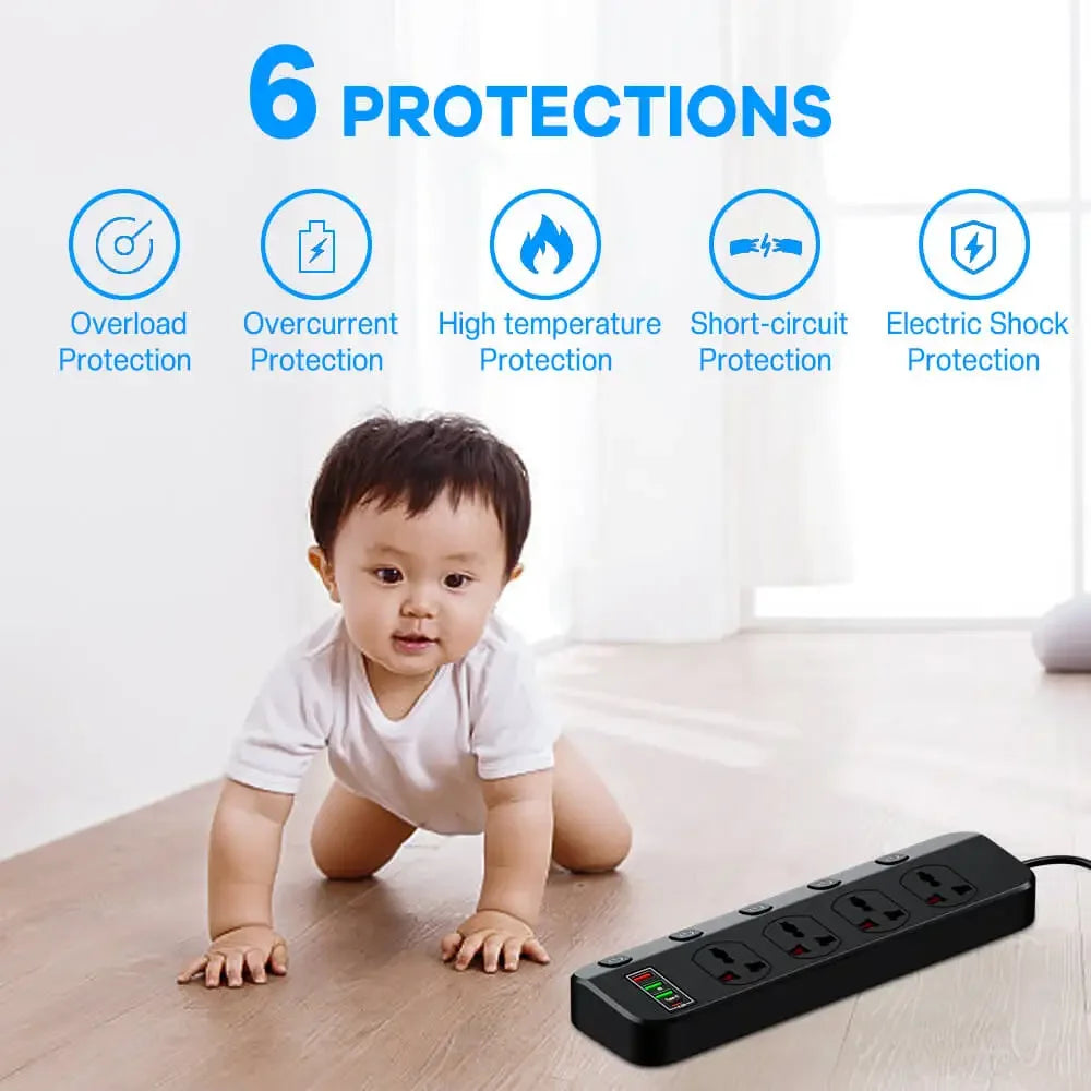 Network Filter Power Strip 2500W With 4 Universal Socket Multiple USB and 5 Swich,EU US UK Plug Socket Extension Cable For Home