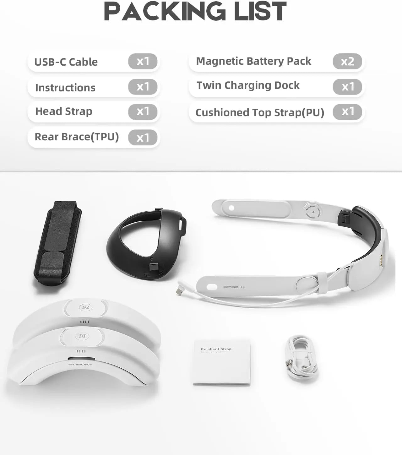 BINBOKAdjustable Head Strap&Battery for Meta Quest 3/3S with Recharge Battery Pack 2x8000mAh Charging Dock Accessories For T3 