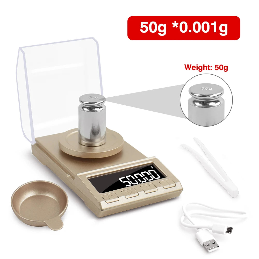 NEWACALOX 0.001g Precision Digital Scales 50g/100g/200g Balance Weight Electronic Jewelry Scale USB Powered Medicinal Weighing