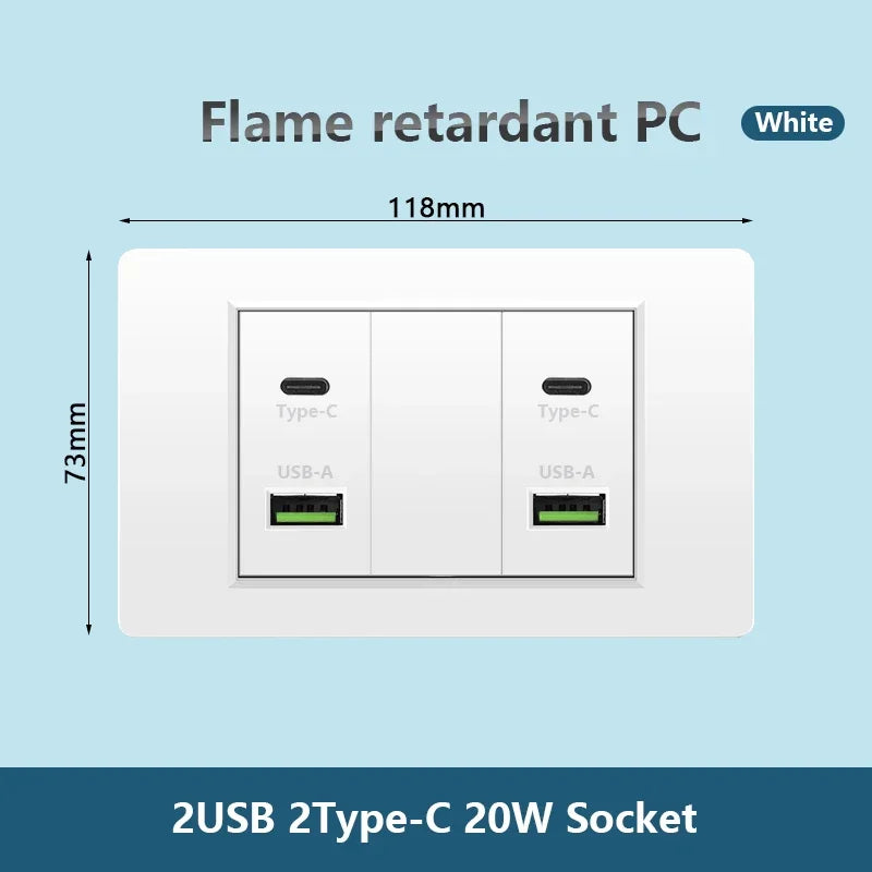 Korea Chile standard 20W Super Fast smart Charge Type C USB Port Power Wall Socket Plug,118*73mm Quick Charge electrical Outlet