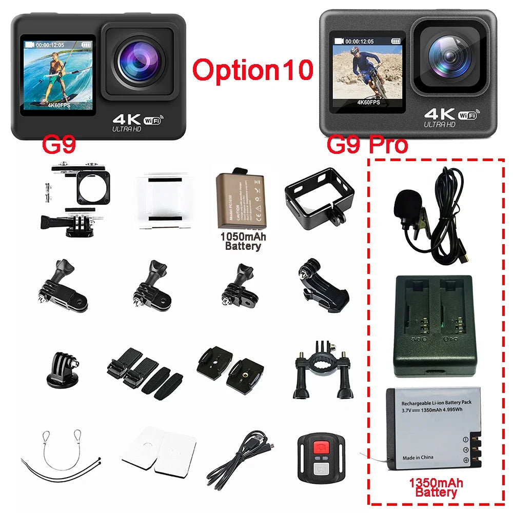 Huafant G9 Action Camera 4K 60FPS 24MP 2.0 Touch LCD EIS Dual Screen Wi-Fi 170D Waterproof Remote Control 4X Zoom Sports Cam