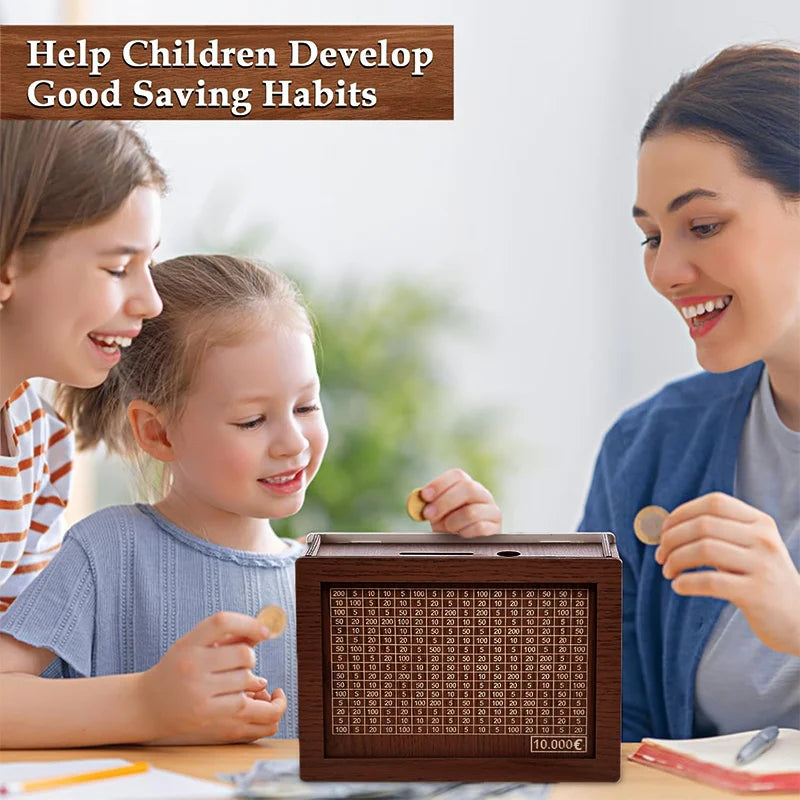 Wooden Money Saving Box Reusable Piggy Bank Money Container for 1000/2000/3000/5000/10000 Euro Cash Coin Case