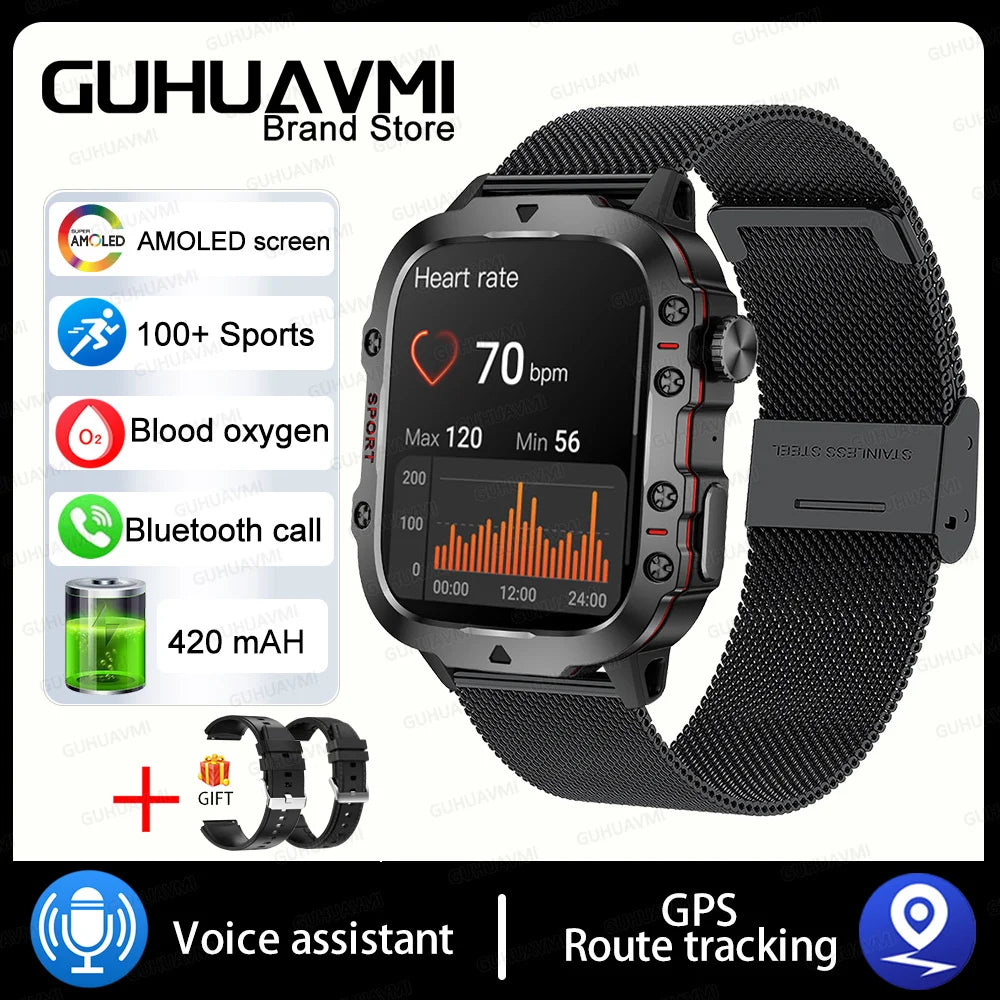 2024 New Rugged Military GPS Smart Watch Men AMOLED HD Screen Heart Rate Bluetooth Call Waterproof Outdoor SmartWatch For Xiaomi