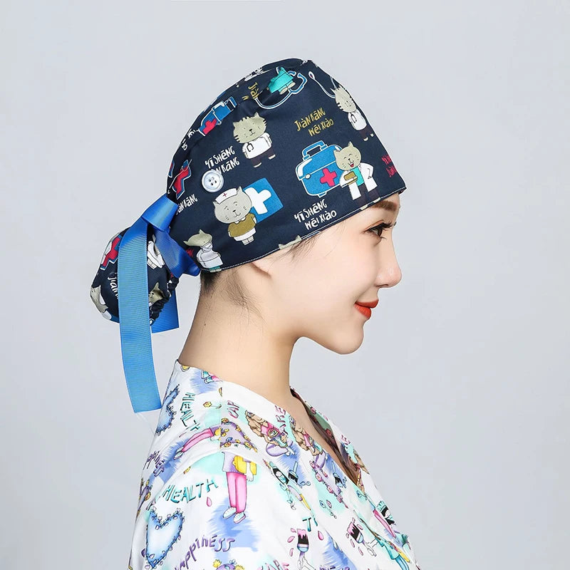 Printed Surgical Cap Scrub Cotton With Button Doctor Wrap Long Hair Adjustable Lace-up Women Beauty Care Hospital Accessories