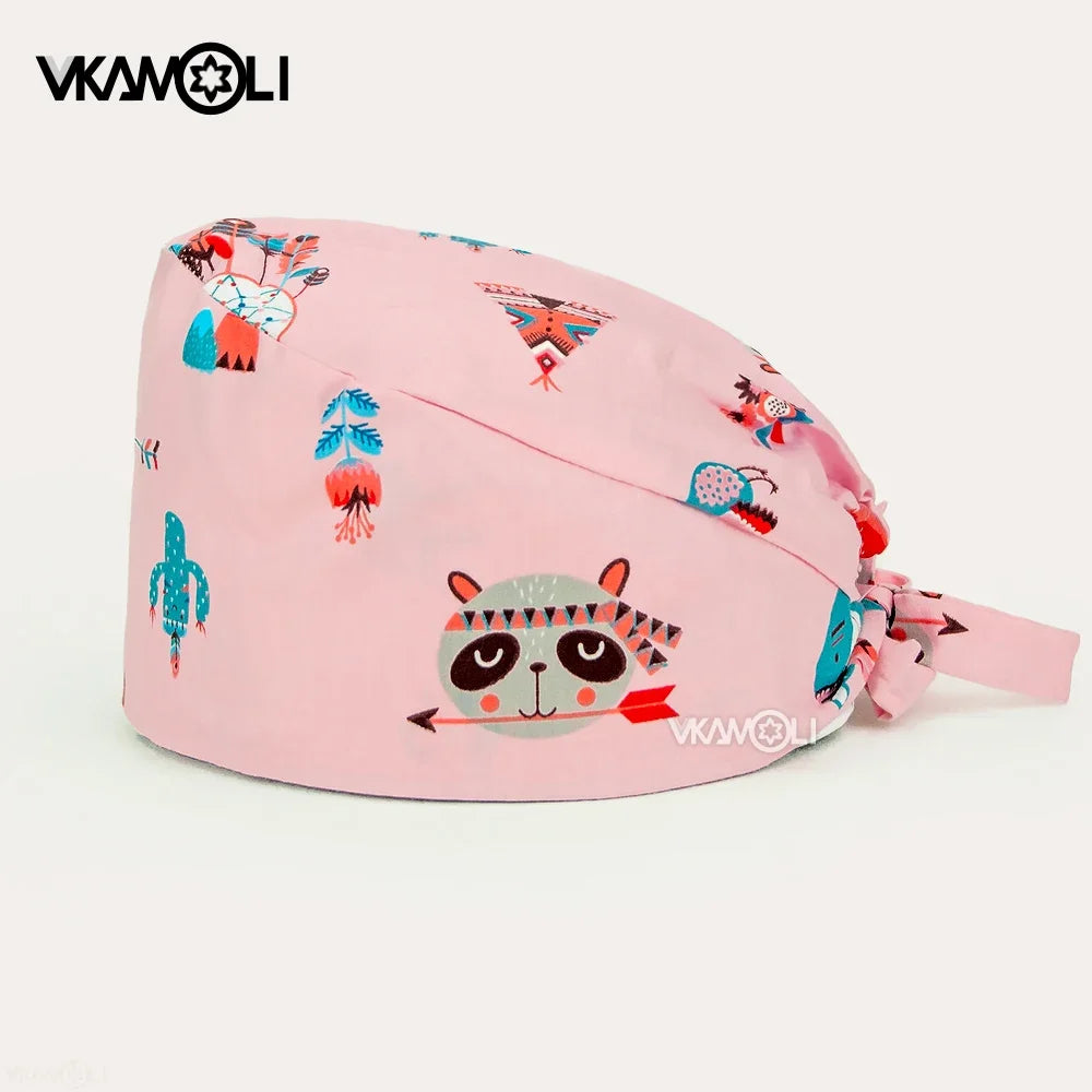 vkamoli Red series women Soft Hat Printing Nurse Sweat-absorbent Head Wrap Towel Surgical Anti-Dirty Pure Cotton Cap Scrub Cap