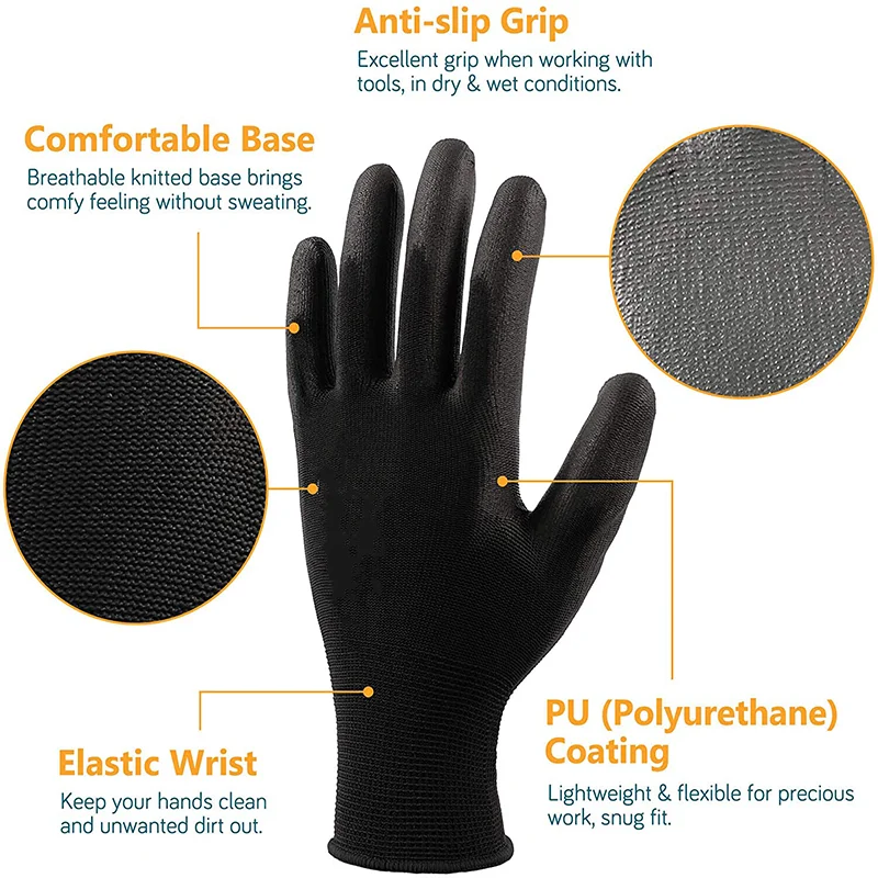 10 pairs Black Pu Gloves Polyester Shell Customized With Pu Coated Palm Safety Work Gloves En388 Pu Coated Gloves