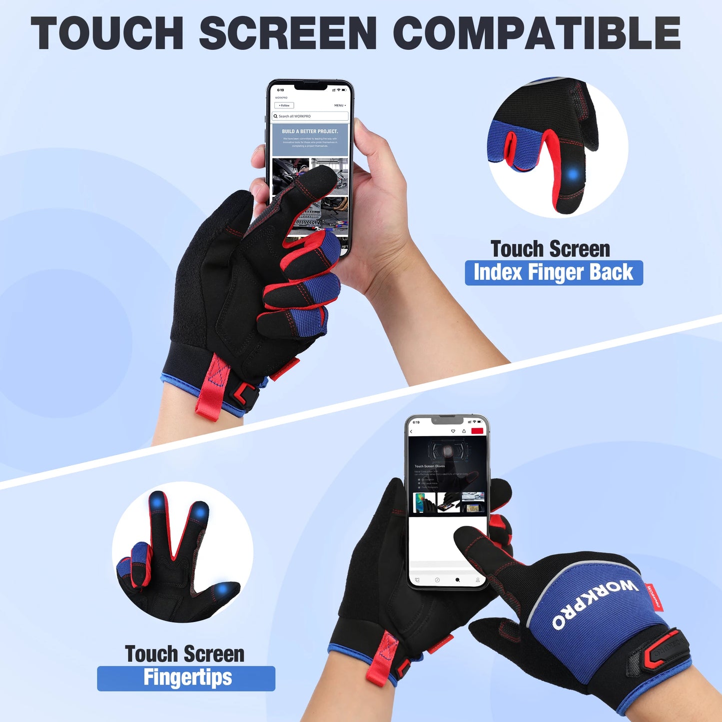 WORKPRO Safety Work Gloves Mechanic Working Gloves for Men Women Touch Screen Terry Fabric Non-Slip