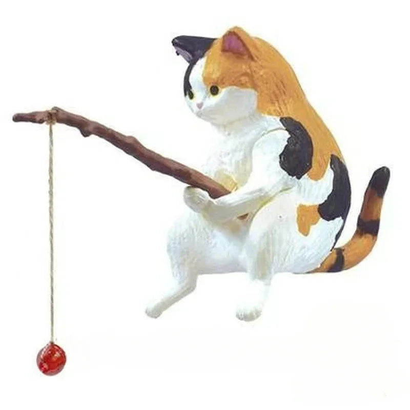 Lovely  Fishing Cat Fishbowl Fishing Figure Fisherman Figurine Cat Fishing Rod Seals Figures Cat Decoration Interior Accessories