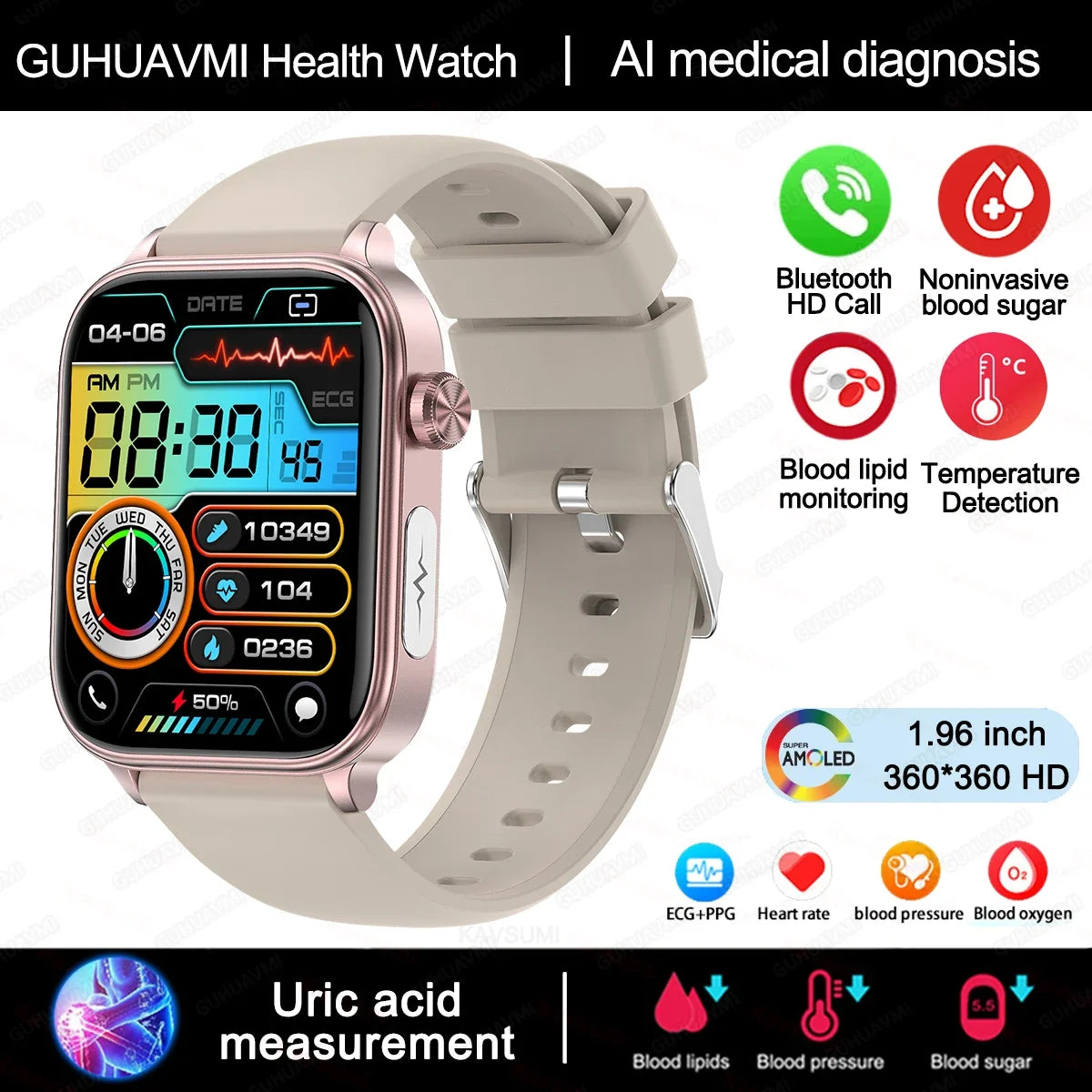 2024 New ECG+PPG Uric Acid Non-Invasive Blood Glucose Smartwatch Men Bluetooth Call Heart Rate Blood Pressure Smart Watch Women