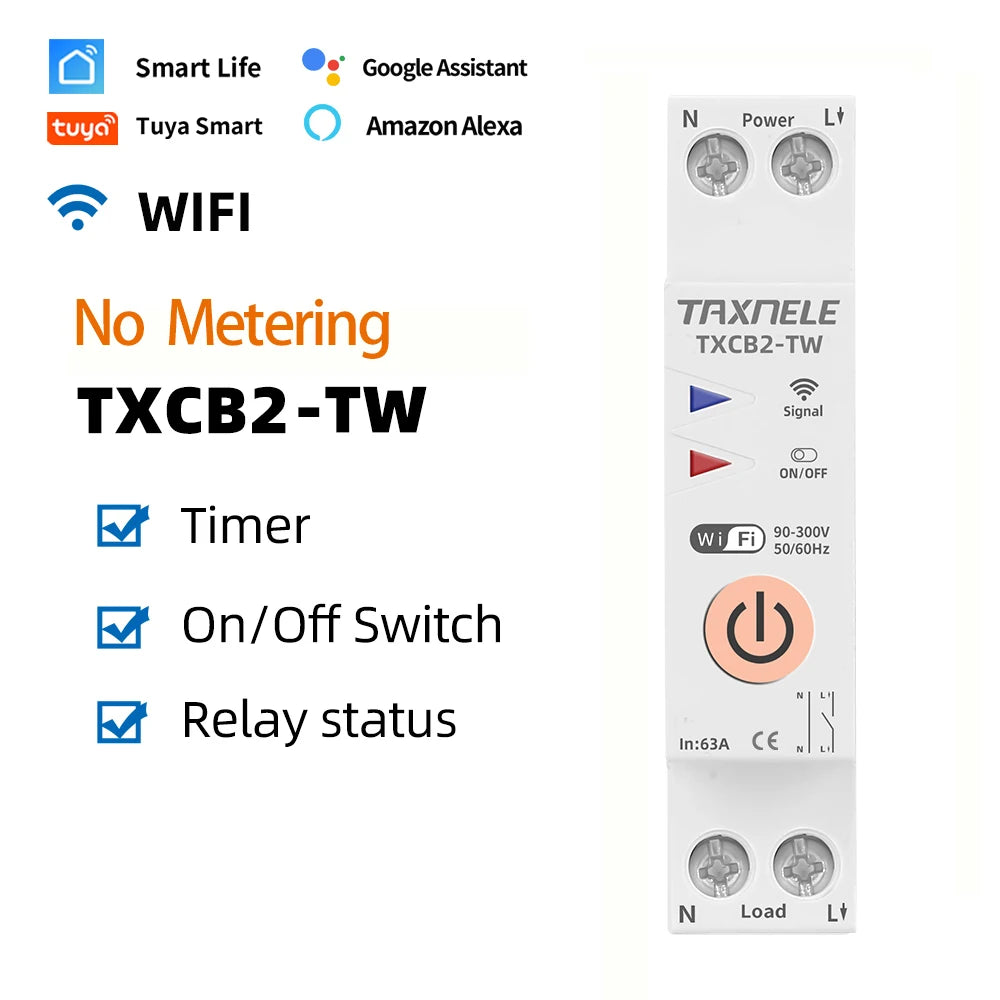 TUYA WIFI Smart Circuit Breaker Power Metering Energy Meter KWh 1P 63A Smart Life Remote Switch Timer Voltage Current Protect