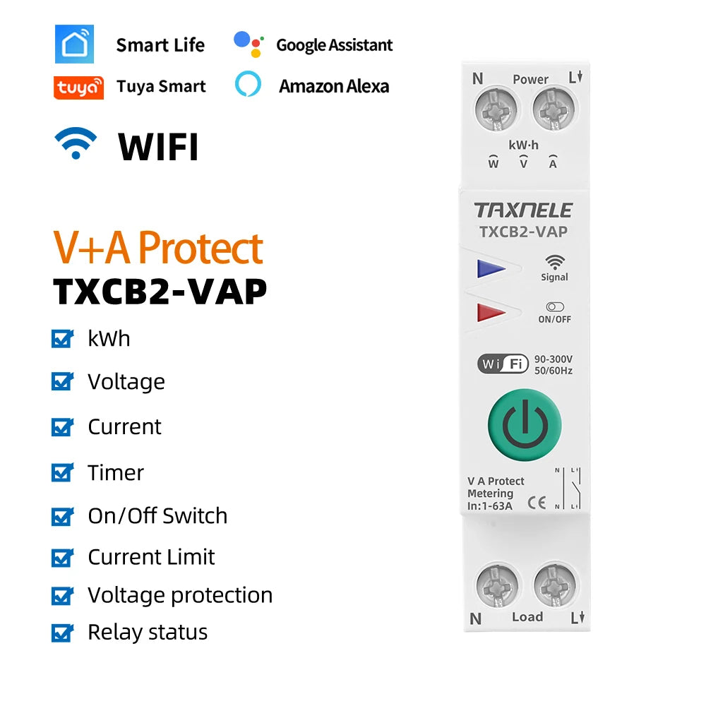 TUYA WIFI Smart Circuit Breaker Power Metering Energy Meter KWh 1P 63A Smart Life Remote Switch Timer Voltage Current Protect