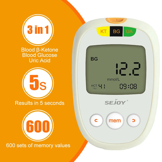 Glucose & Ketone Uric Acid Testing Meter Kit, Ketosis & Diabetes Management. 150 Test Strips (50 Each), Lancets, Lancing Device